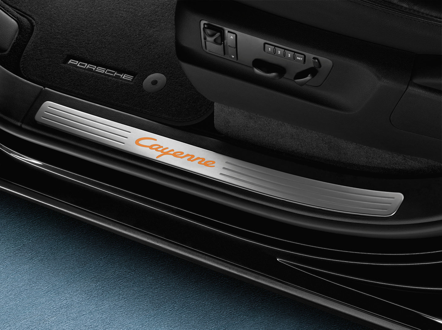 Door sill guards in stainless steel in Transsyberia look, orange, illuminated