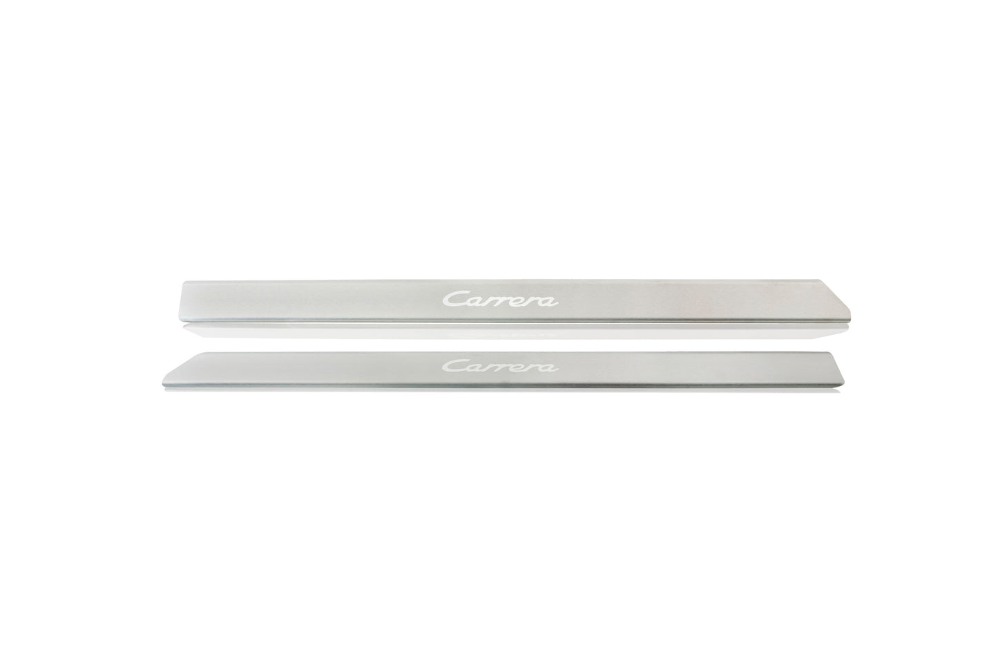 Door-sill guard with “Carrera” lettering, stainless steel