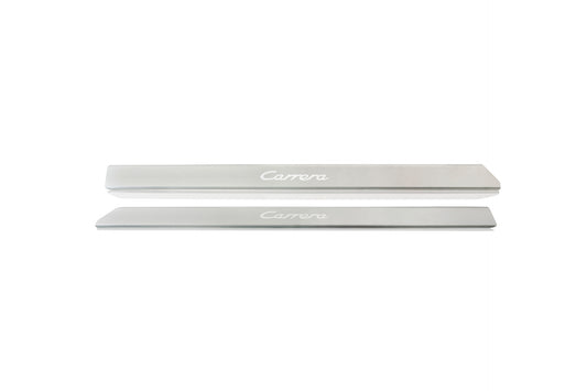 Door-sill guard with “Carrera” lettering, stainless steel